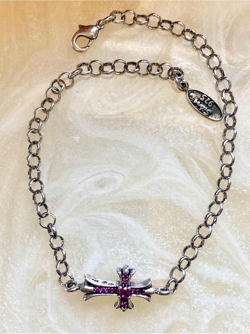 Sterling Silver Cross Bracelet with Pink Stones